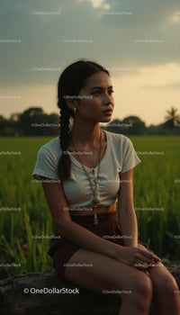 Contemplative Young Woman at Sunset in Rural Field