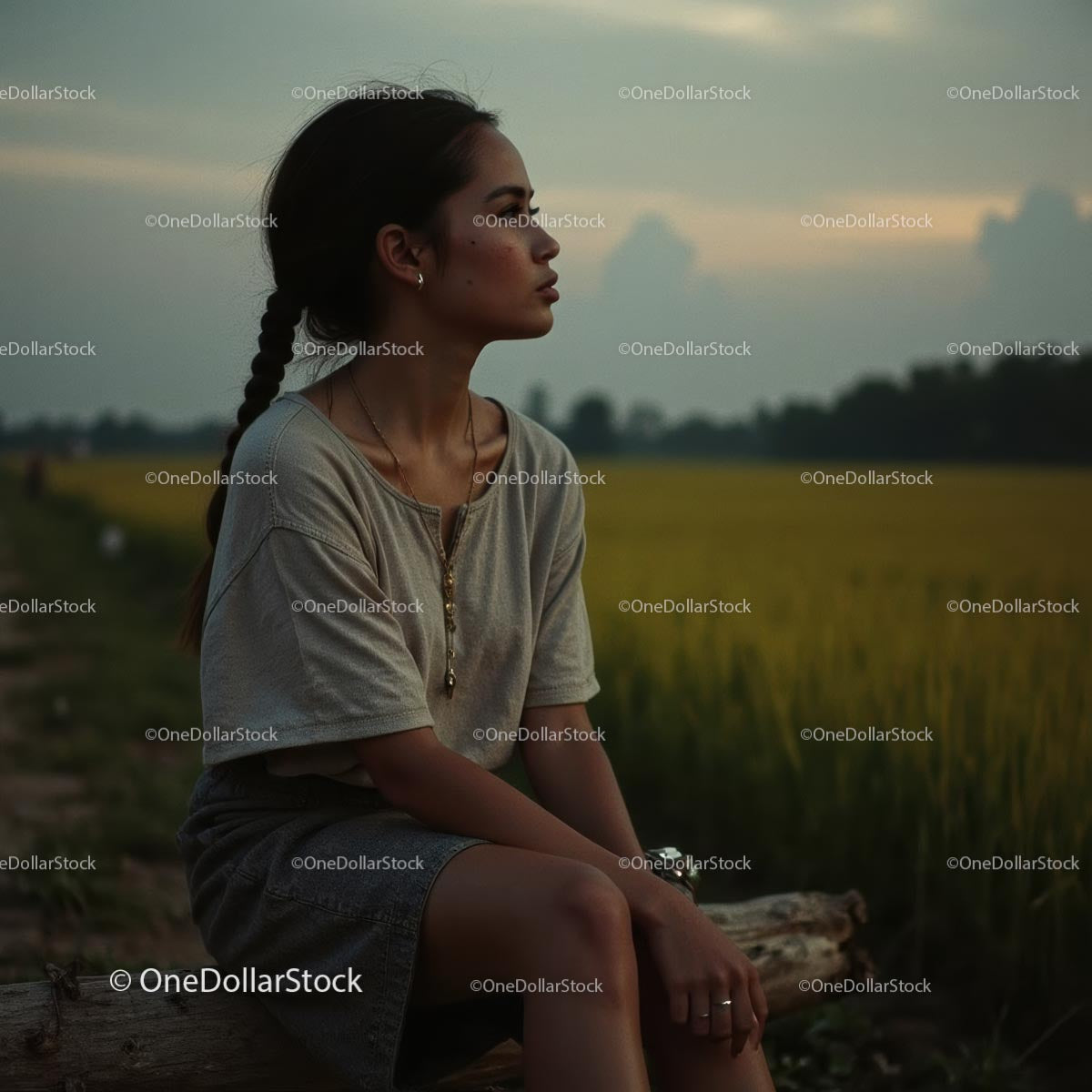 Woman Sitting in Tranquil Field at Sunset