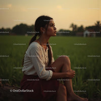 Pensive Woman at Sunset in a Tranquil Field