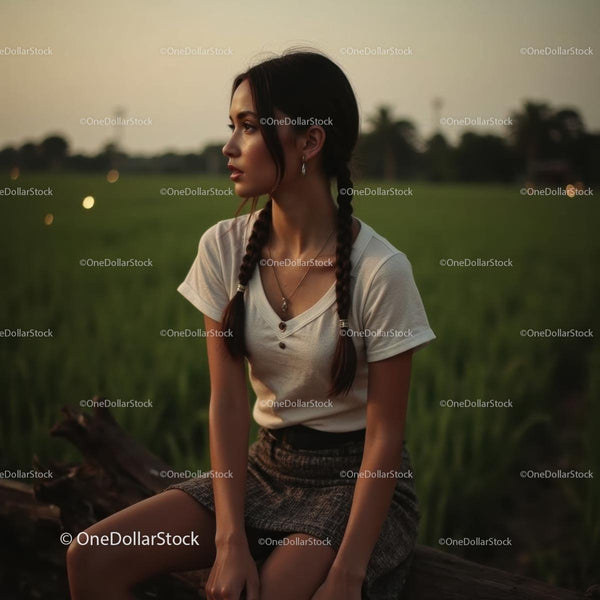 Contemplative Young Woman Sitting in Lush Green Field