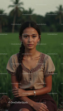 Young Woman in Traditional Attire Amidst Green Fields