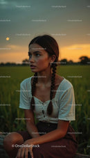 Young Woman with Braided Hair at Sunset in Countryside