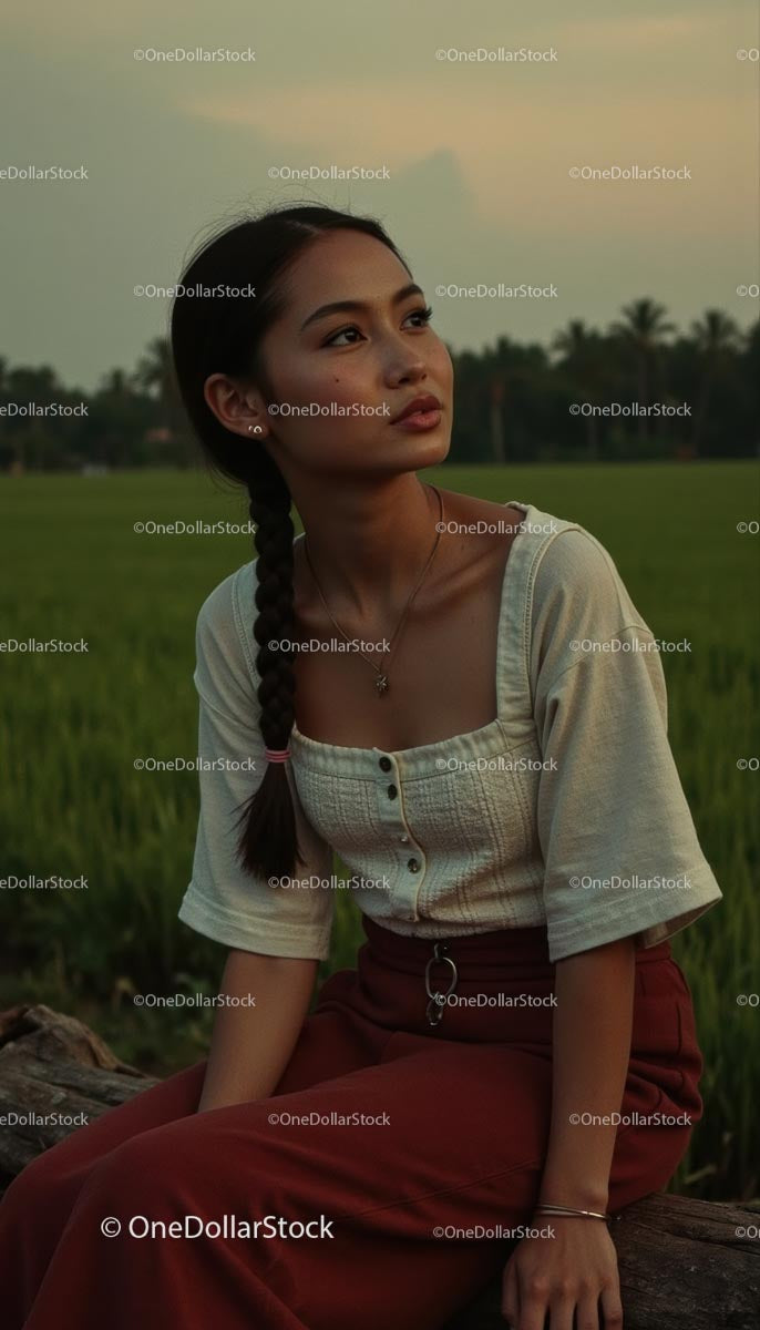 Woman with Braids Relaxing at Sunset in a Tranquil Field