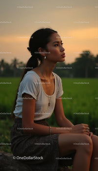 Contemplative Woman Relaxing at Sunset in Nature