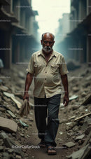 Elderly Man Walking Through Urban Rubble