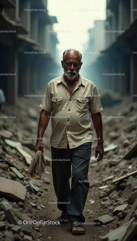 Elderly Man Walking Through Urban Rubble