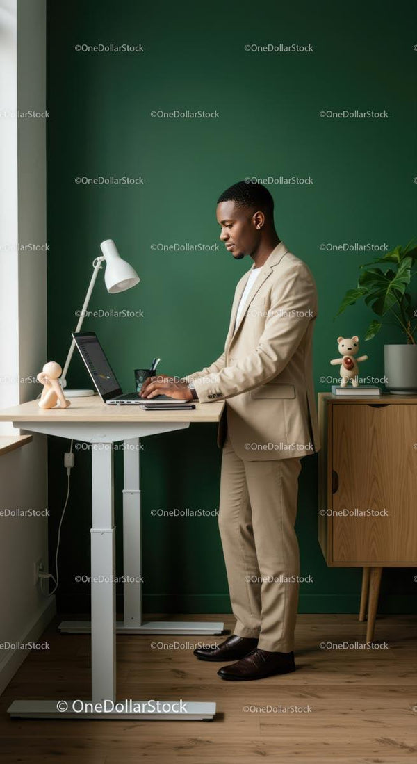 Professional in Tan Suit Working at a Standing Desk