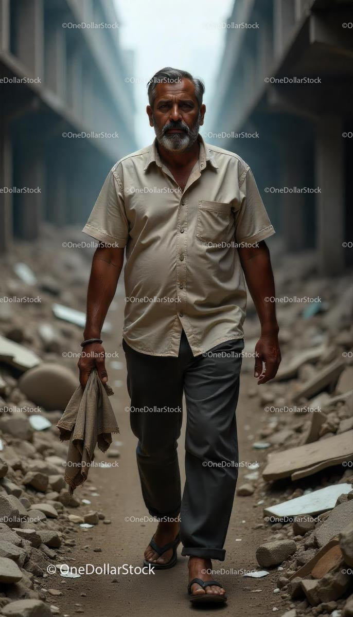 Mature Man Walking Through Urban Construction Site