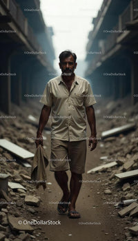 Man Walking Through Urban Ruins With Determination