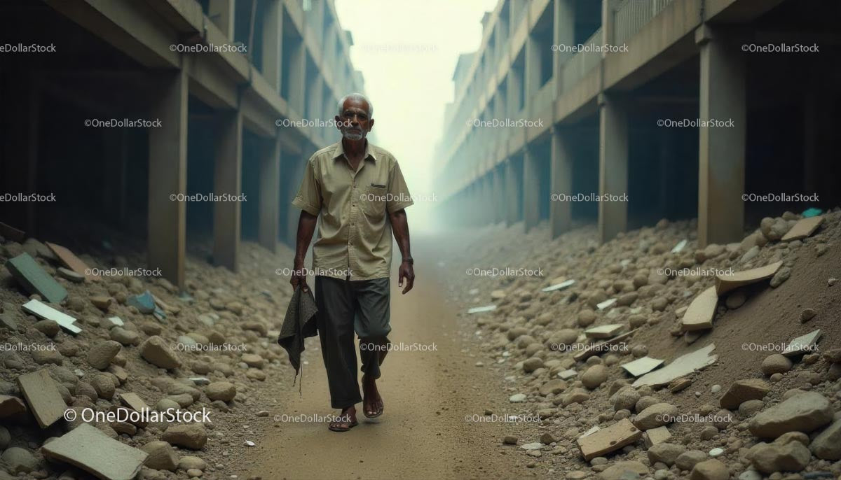 Elderly Man Walking in Abandoned Construction Site