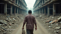 Solitary Man Walking Through Abandoned Urban Landscape