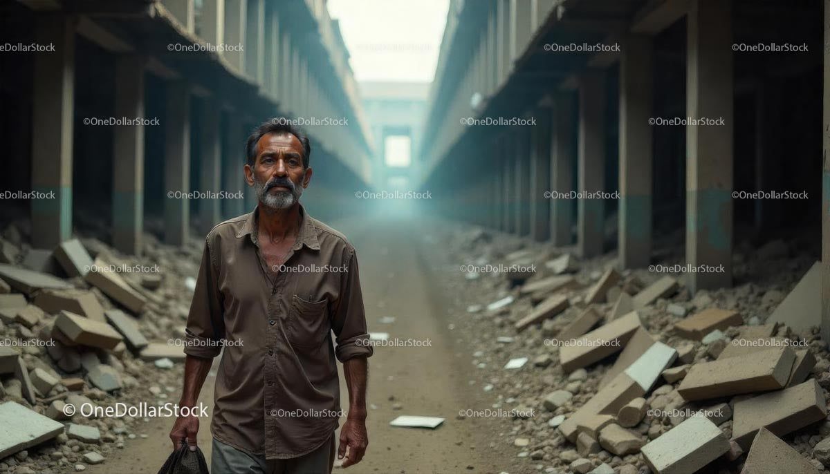 Man Walking Through Abandoned Industrial Ruins