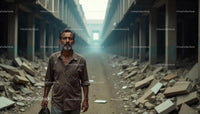 Man Walking Through Abandoned Industrial Ruins