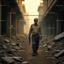Elderly Man Walking Through Abandoned Urban Ruins