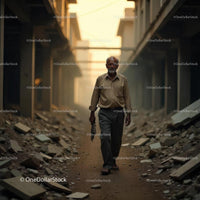 Elderly Man Walking Through Abandoned Urban Ruins