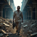 Man Walking Through Urban Decay with Dusty Surroundings
