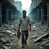 Man Walking Through Rubble in Urban Construction Site