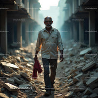 Man Walking Through Abandoned Urban Ruins