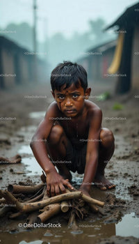 Pensive Child in Rainy Village Setting