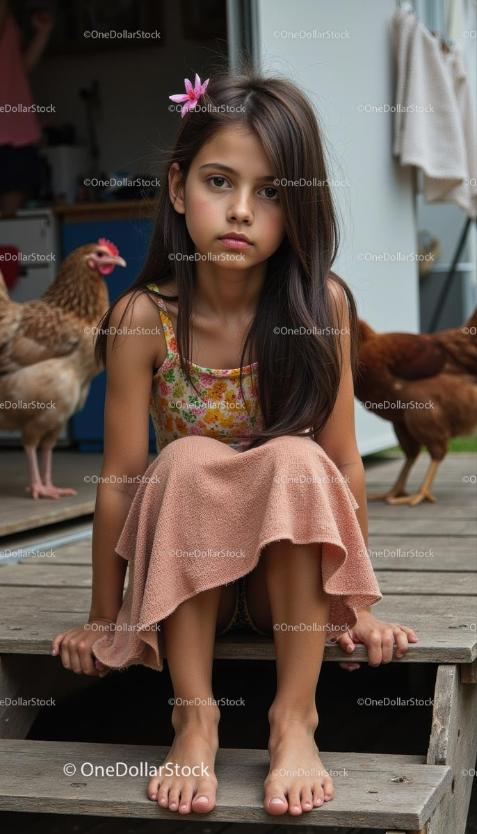 Young Girl with Long Hair and Chickens in a Rural Setting
