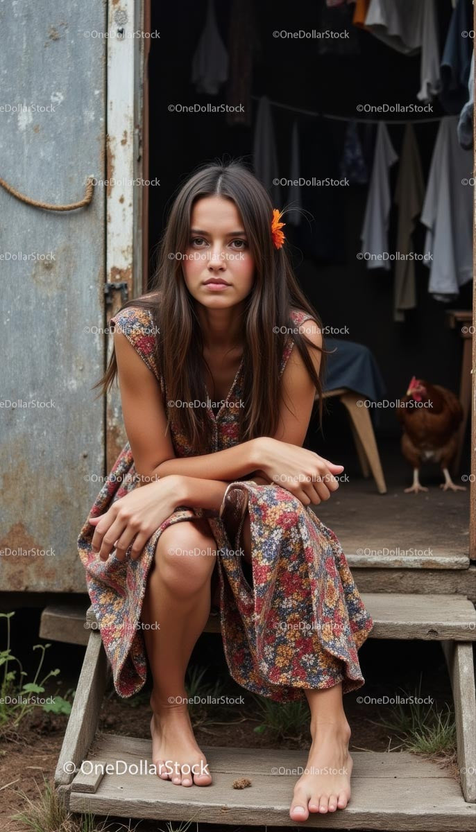 Young Woman in Floral Dress Sitting on Rustic Cabin Steps
