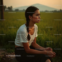 Woman with Braided Hair in Peaceful Field at Sunset