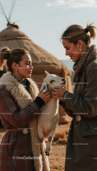 Two Women Enjoying a Heartwarming Moment with a Goat