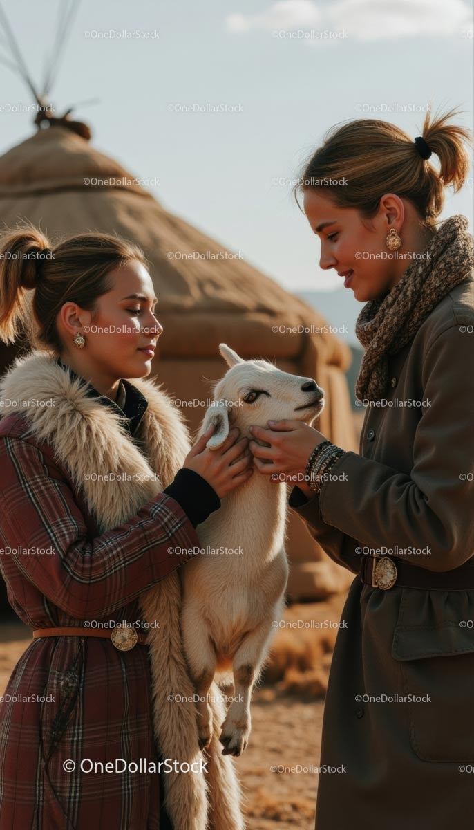 Two Women Enjoying a Heartwarming Moment with a Goat