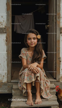 Young Girl in Floral Dress on Rustic Wooden Porch
