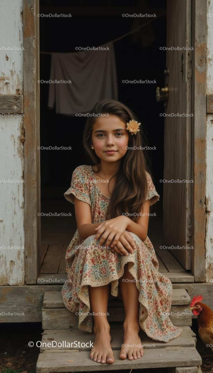 Young Girl in Floral Dress on Rustic Wooden Porch