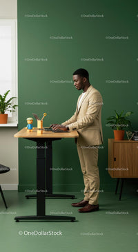 Business Professional Working at a Standing Desk with Plants
