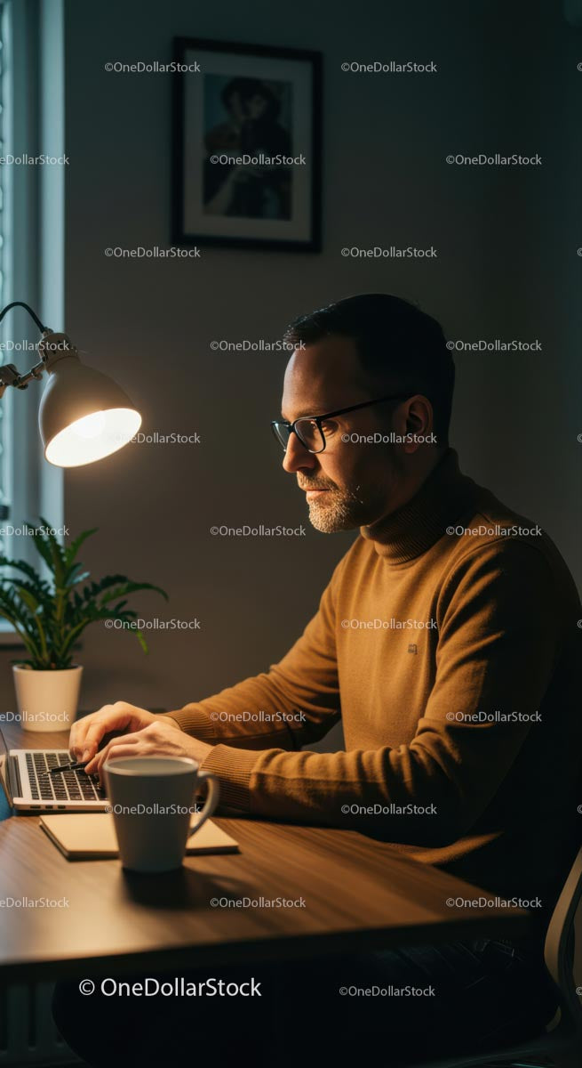 Mężczyzna pracujący w przytulnym domowym biurze z laptopem i lampą