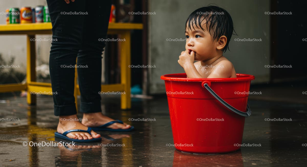Adorable Toddler Sitting in Red Bucket Outdoors
