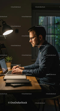 Focused Man Working Late in Modern Home Office