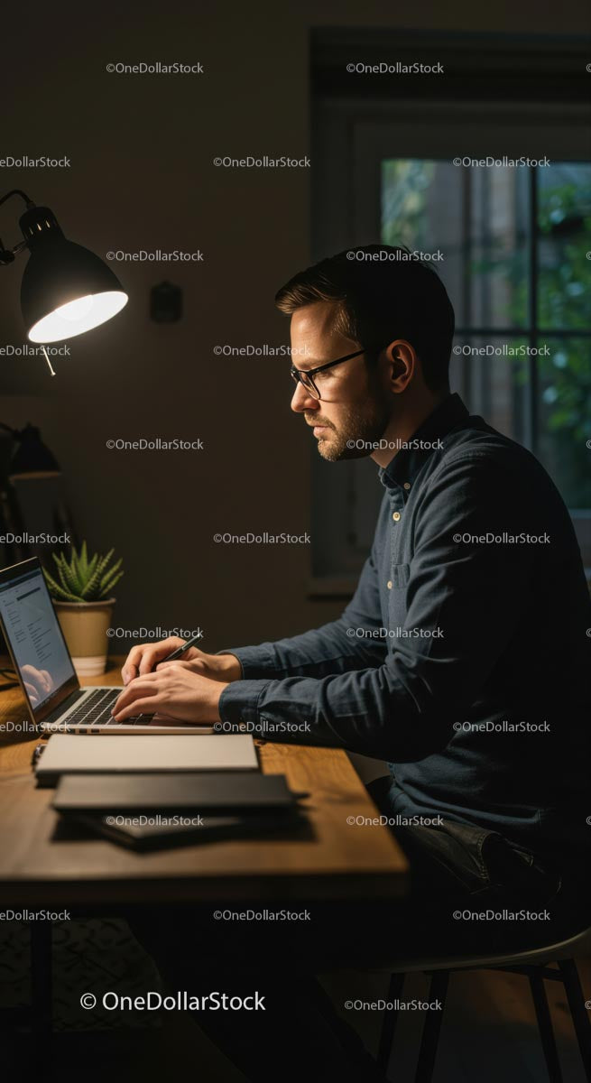 Skupiony mężczyzna pracujący do późna w nowoczesnym biurze domowym