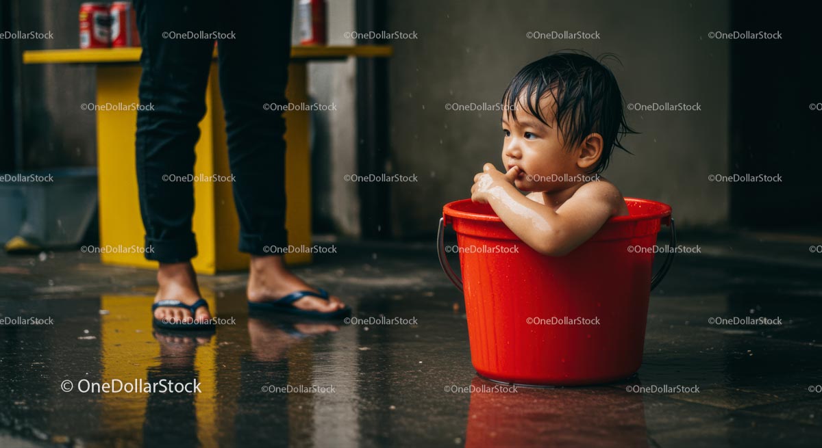 Playful Child Sitting in Red Bucket on Rainy Day