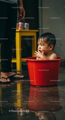 Toddler Enjoying Bath Time in Red Bucket