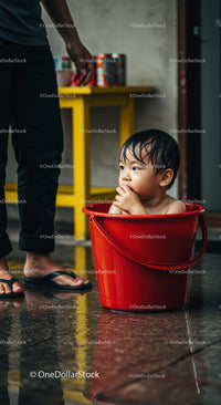 Curious Toddler in Red Bucket at Home