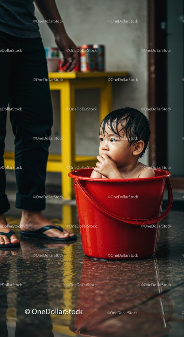 Curious Toddler in Red Bucket at Home