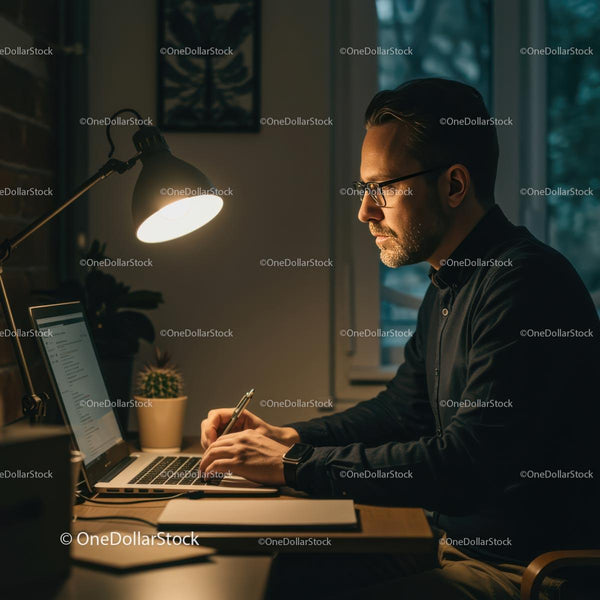 Skoncentrowany mężczyzna pracujący do późna w przytulnym domowym biurze