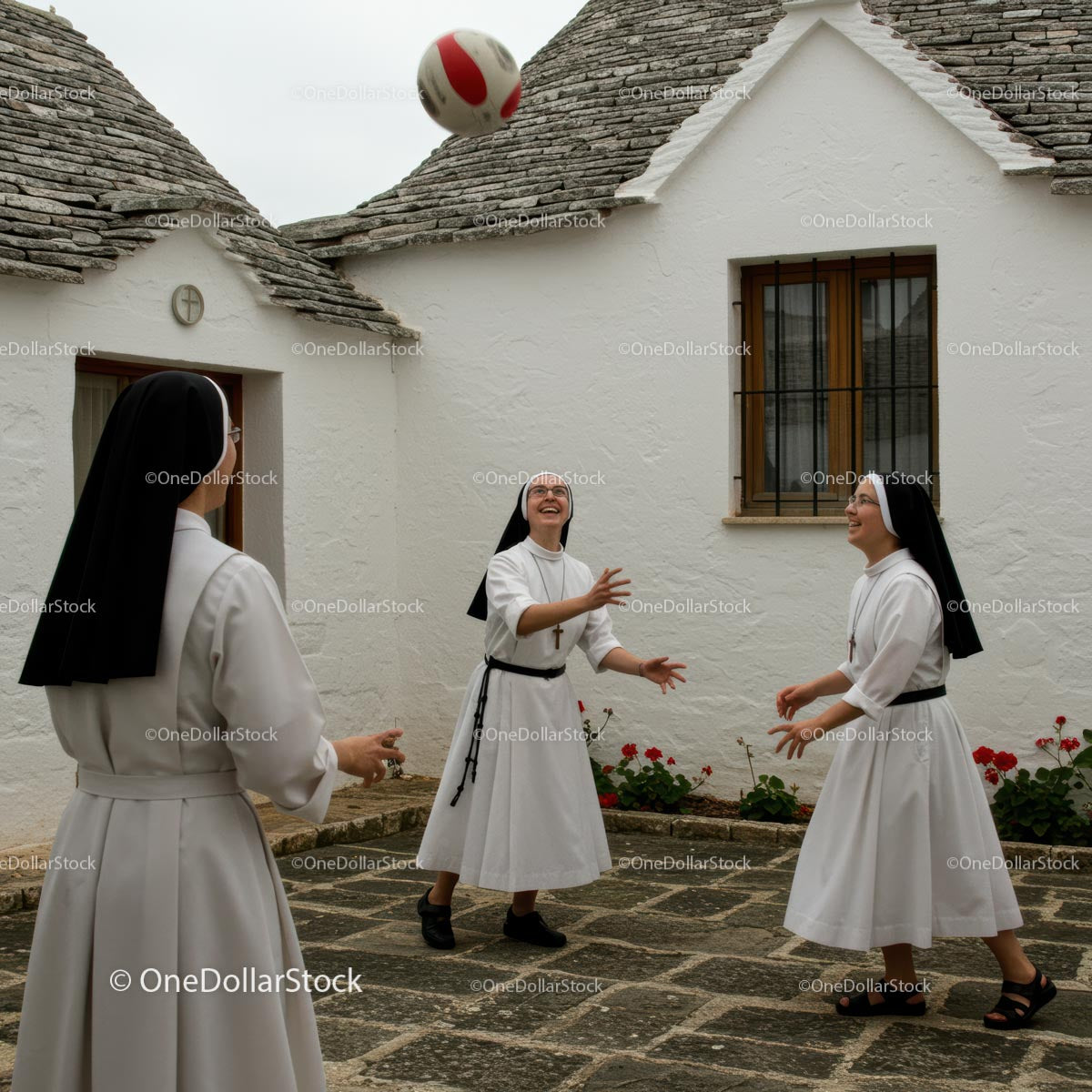 Nuns Enjoying a Playful Moment in Stone Courtyard