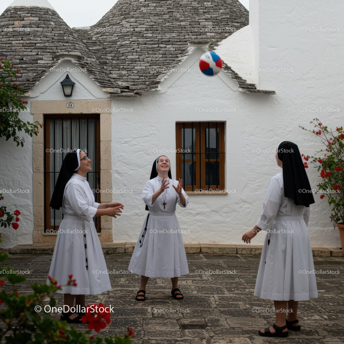 Nuns Playing with a Ball in a Charming Courtyard
