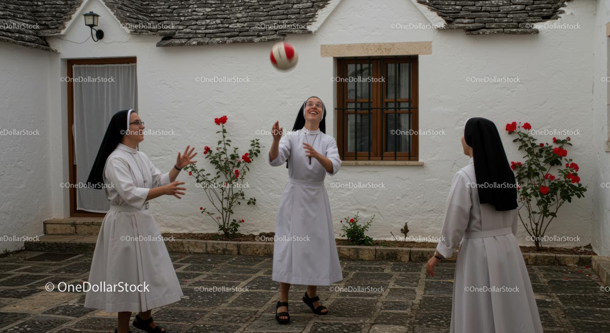 Joyful Nuns Playing Ball in Stone Courtyard