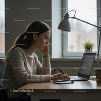 Young Woman Focused on Work in Cozy Home Office
