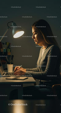 Woman Working Late at Night with Laptop and Desk Lamp