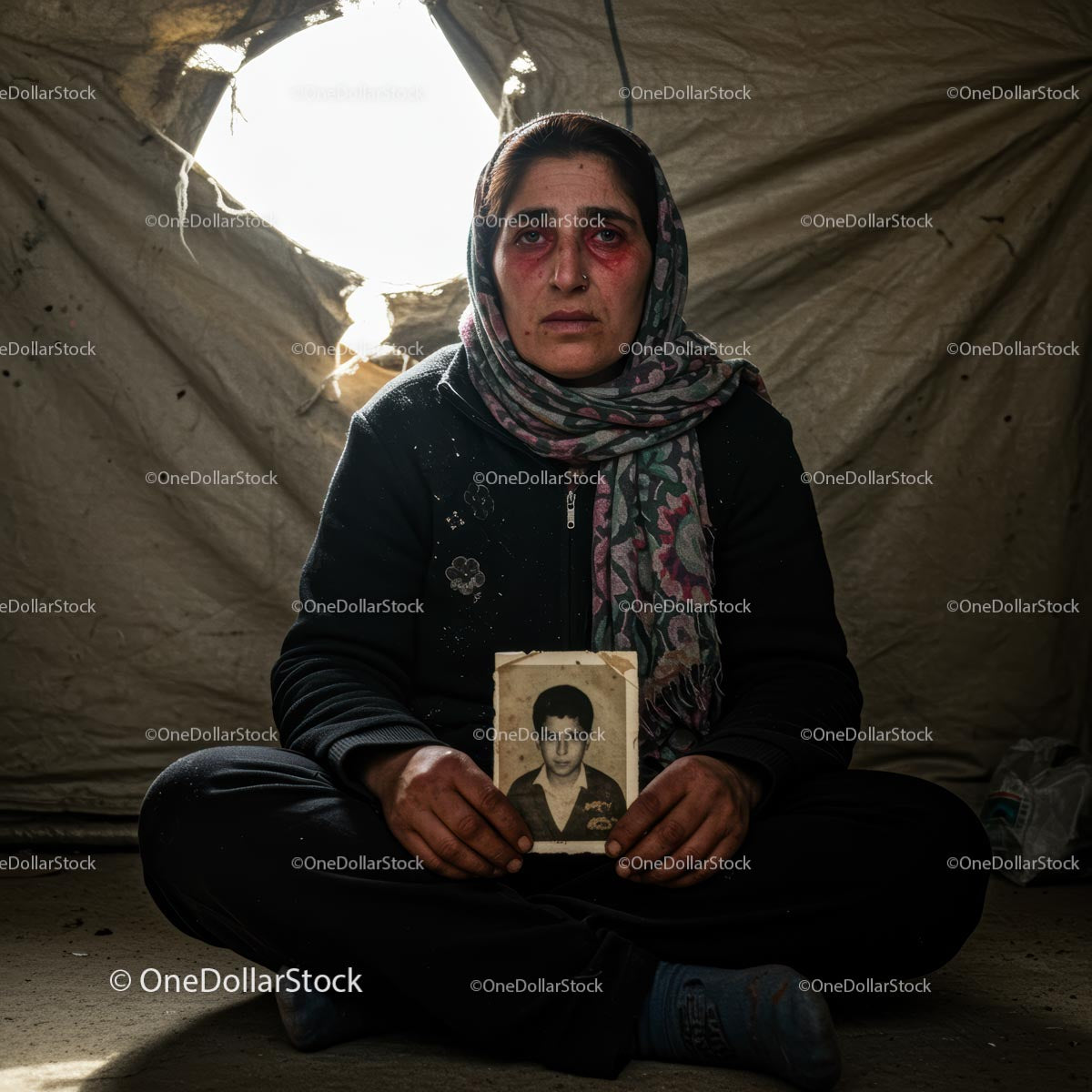 Somber Woman Holding a Photograph Inside a Refugee Tent