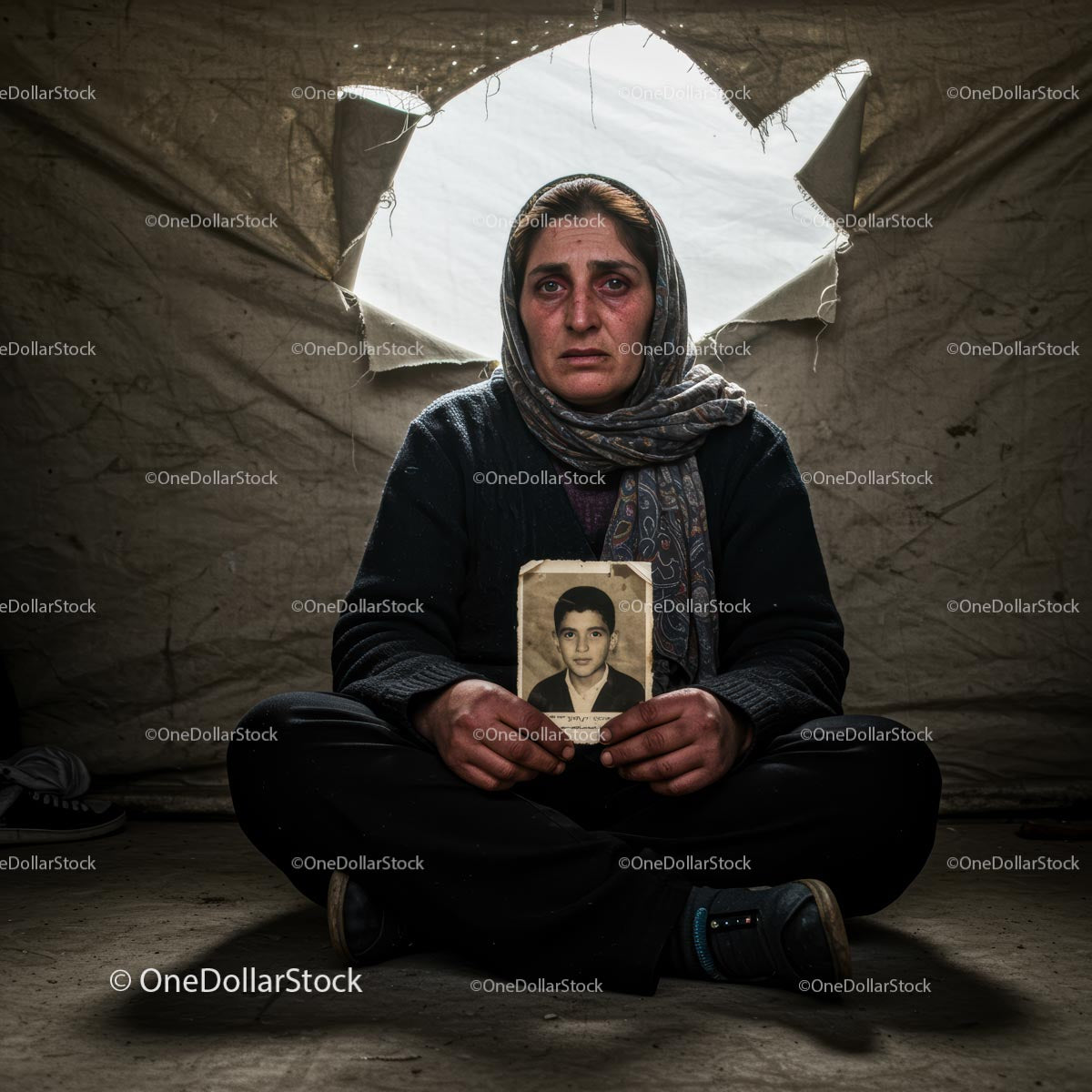 Woman Holding Photo in Refugee Camp Shelter