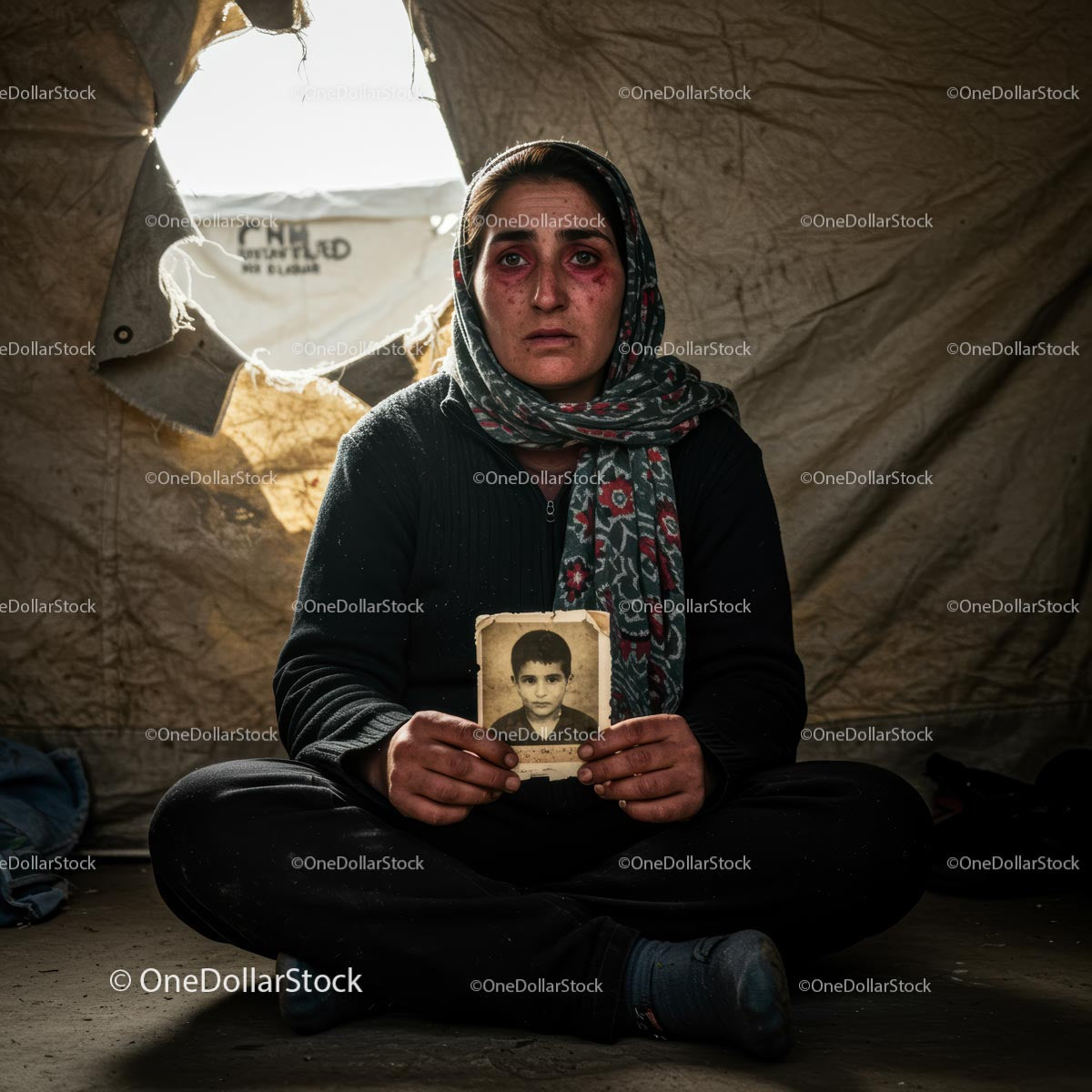 Refugee Woman Holding a Sepia Photograph in Tent