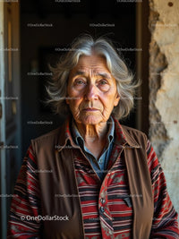 Elderly Woman in Striped Shirt with Thoughtful Expression