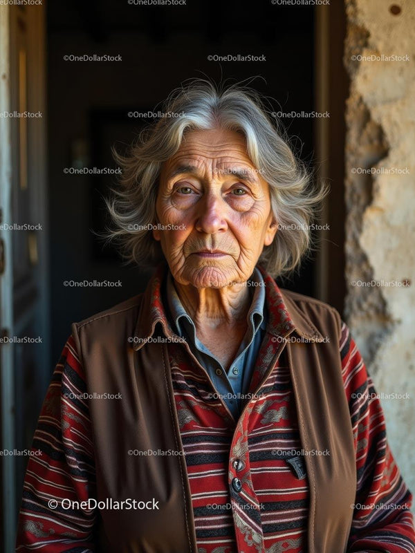 Elderly Woman in Striped Shirt with Thoughtful Expression